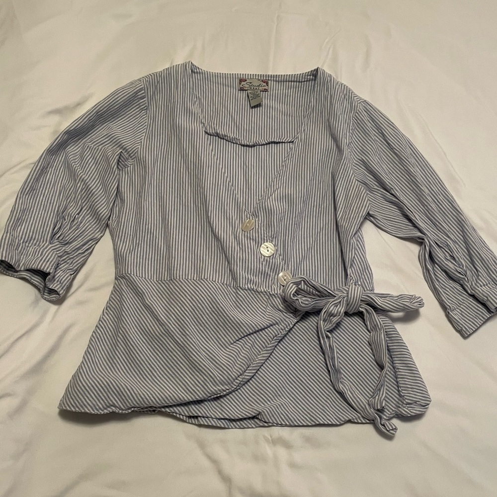 Studio West Blue/White Stripped Cross Over Blouse, Size S